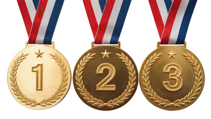 Golden victory medals for first second and third place winners with patriotic ribbons isolated on transparent background