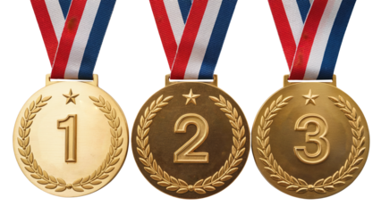 Golden victory medals for first second and third place winners with patriotic ribbons isolated on transparent background