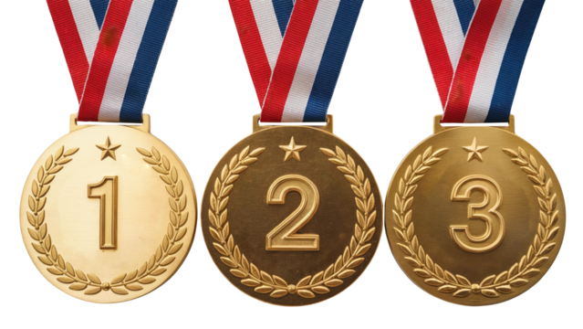Golden victory medals for first second and third place winners with patriotic ribbons isolated on transparent background
