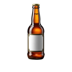 Amber glass beer bottle with blank label and gold cap isolated on transparent background