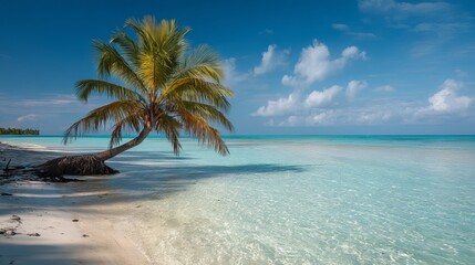 Fototapeta premium Sunny tropical beach with palm trees and blue ocean horizon for summer vacation and luxury travel