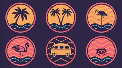 Tropical beach van flamingo and turtle emblems vector