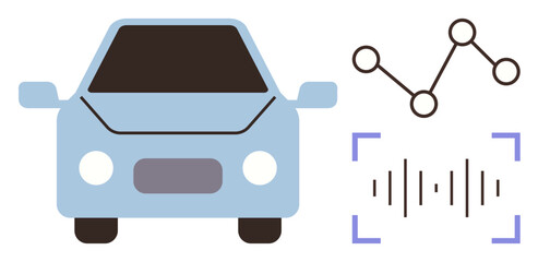 Fototapeta premium Light blue car faced forward, analytical graph line, and sound waves in detection brackets. Ideal for autonomous driving, innovation, AI, technology, data processing, navigation simple flat metaphor