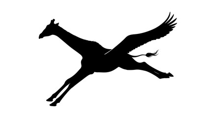 Fototapeta premium side profile silhouette of a leaping giraffe with wings, isolated on transparent background: a dynamic vector illustration for design projects