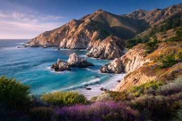 Obraz premium Dramatic coastal cliffs with ocean waves crashing below