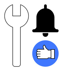 Wrench tool, notification bell, and thumbs-up hand on blue circle highlight concepts of maintenance, alerts, and approval. Ideal for teamwork, progress, feedback, updates user-friendly content