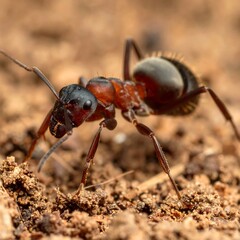 Fototapeta premium Close-up of a large, reddish-brown ant on dark soil.