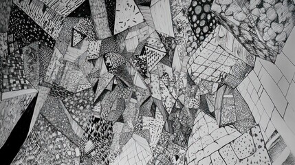 Geometric Chaos: Intricate Black and White Abstract Composition with Varied Textures
