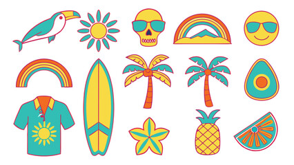 Tropical summer icons toucan surfboard pineapple skull