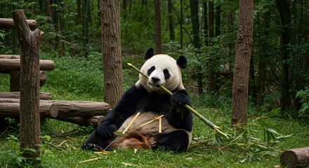 Giant panda eating bamboo in forest