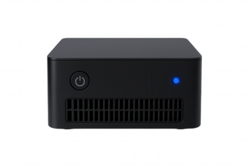 Compact Black Mini Desktop Computer with Power Button and Blue Indicator Light