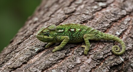 Fototapeta premium Green chameleon on tree bark