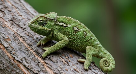 Green chameleon on tree trunk