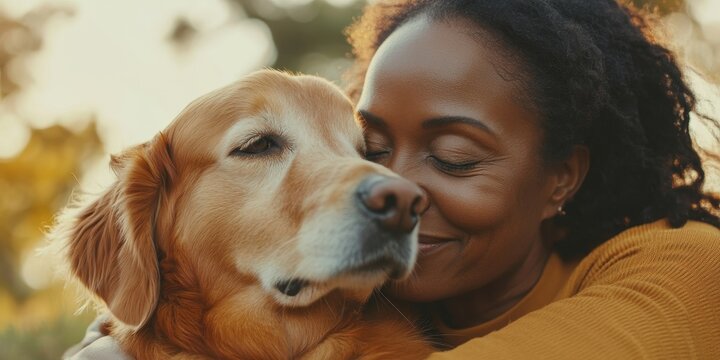 Senior Black woman cuddling a golden retriever dog outdoors. The elderly African American woman bonds with her pet, reflecting the importance of animal companionship, Generative AI