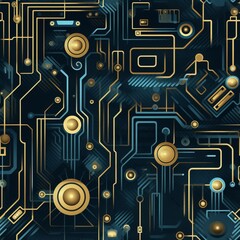 Abstract Golden Circuit Board Pattern Dark Blue Technology Backdrop