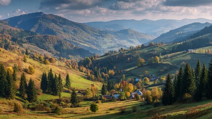 Obraz premium Scenic autumn panorama of borzhava mountains viewed from podobovets village with rolling agricultural fields and spruce forest in carpathian countryside