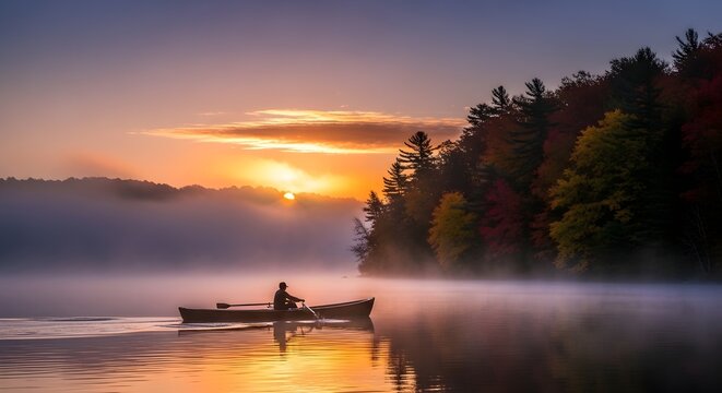 A tranquil morning on the lake with a man canoeing through the fog as the sun rises, casting a golden glow over the water and surrounding trees