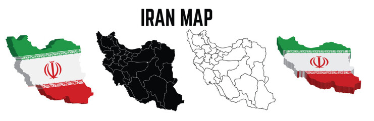 Set of isolated iran maps. iran flag overlaid with map proportions,shilhoutte and outline map. Maps and traveling around the world