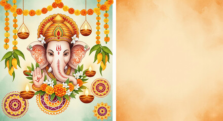 Fototapeta premium Lord Ganesha on a decorative background with marigold garlands, diyas, and rangoli, celebrating Indian festival Ganesh Chaturthi