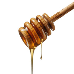 honey dripping from a wooden dipper isolated on transparent and white background