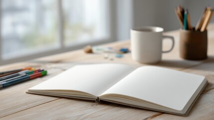 Naklejka premium notebook open clean on wooden table