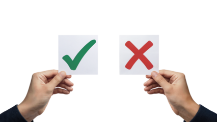 Making choices with a green checkmark and red cross, symbolizing decisions and outcomes isolated on transparent background