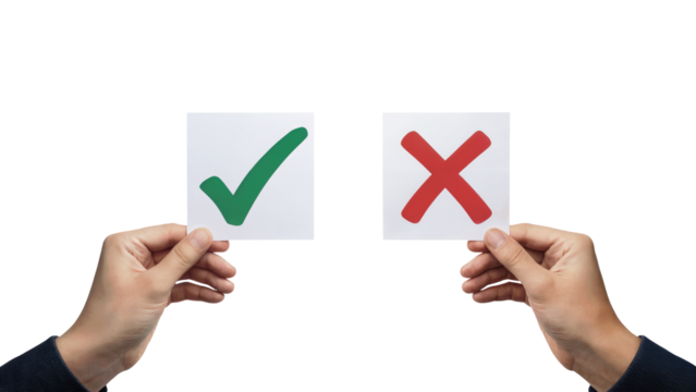 Making choices with a green checkmark and red cross, symbolizing decisions and outcomes isolated on transparent background