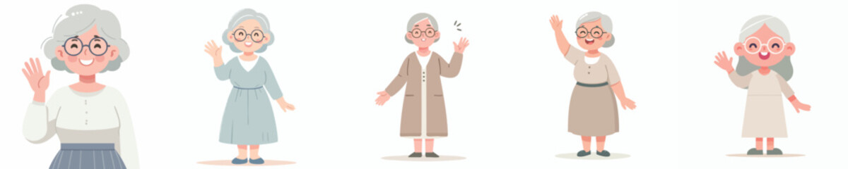 Cute Elderly Women Waving Hands – Minimal Pastel Grandma Vector Set