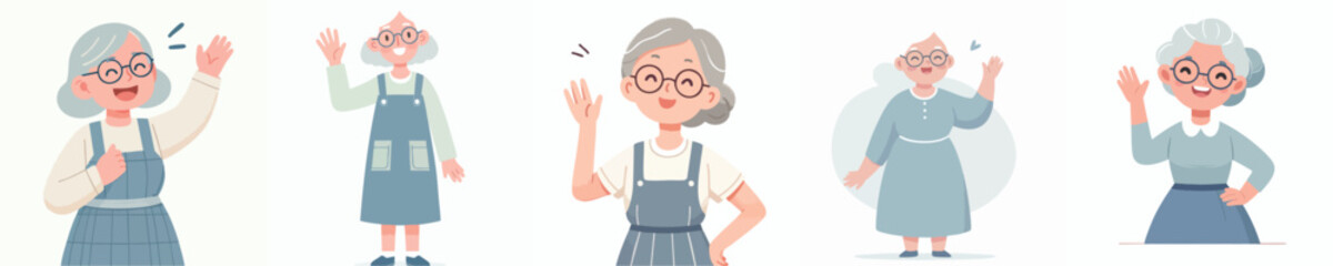 Elderly Women Characters Waving – Blue Theme Vector Grandma Illustration Set