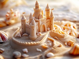 A detailed close-up of an elaborate sandcastle with turrets and moats, glistening under the afternoon sun, surrounded by colorful seashells and children&acirc;&euro;&trade;s beach toys scattered nearby. 