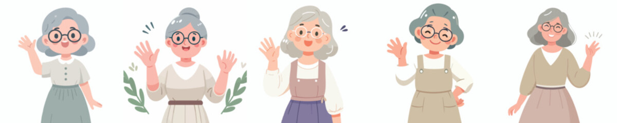 Smiling Senior Women Characters Waving – Cute Vector Grandma Illustration Set