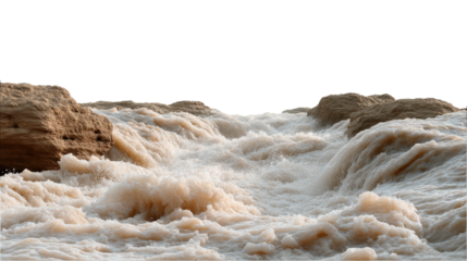 Rushing Waters: Capturing the dynamic force of a river surging over rocky terrain, the image presents a raw, natural spectacle of powerful waters.