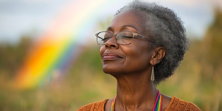Happy senior Black woman breathing fresh air outdoors in nature. The African American woman is meditating and practicing deep breathing in the great outdoors, under a rainbow, Generative AI - Powered by Adobe
