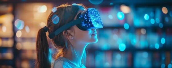 University student wearing a VR headset using AI artificial intelligence technology and machine learning in the school classroom. The scene showcases interactive technology, Generative AI