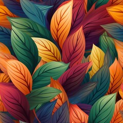 Fototapeta premium Colorful Tropical Leaves Pattern in Vibrant Orange Green and Purple Tones