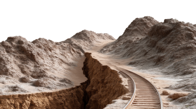 Navigating the Precipice: A dramatic image of a railway track, precariously crossing a deep chasm between rugged cliffs, representing the challenges of travel. 