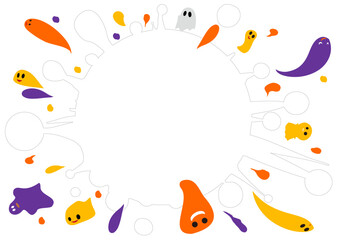 カラフルなおばけたちのフレーム・弾ける白い球・白背景