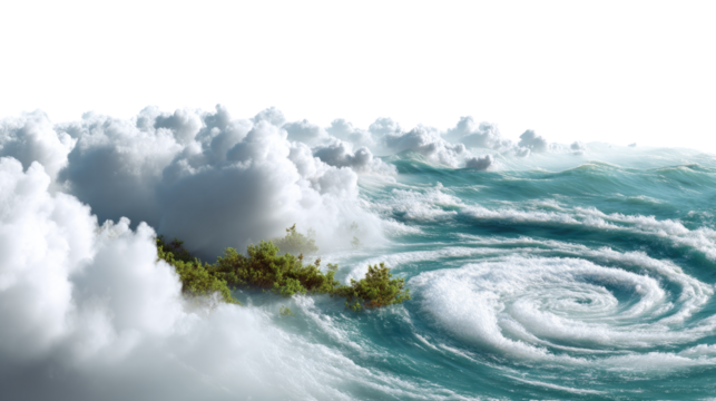 Oceanic Fury: A powerful and awe-inspiring scene showcasing a turbulent ocean with swirling waves, dramatic clouds, and a glimpse of verdant island.