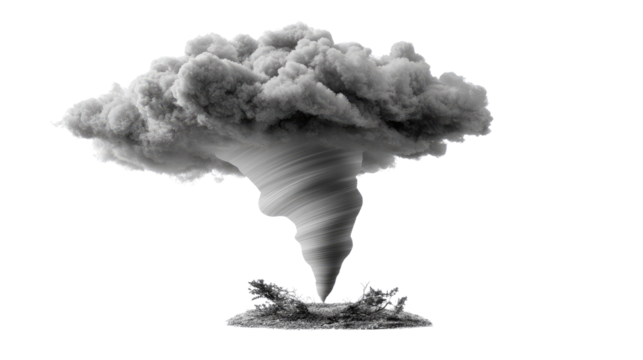 Dramatic Tornado Formation: Captivating view of a monochrome tornado in a realistic depiction, with its swirling vortex and ominous cloud formation.