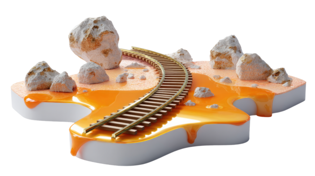 Whimsical Rail Journey: A miniature railway track winds its way through an orange landscape amidst stylized rocky formations, creating a whimsical, fantasy scene. 