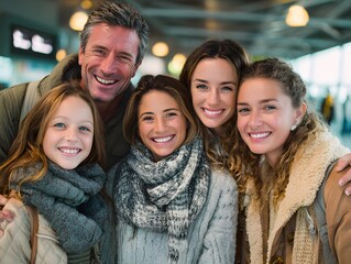 cheerful family reunion at airport arrival hall warm hugs and smiles