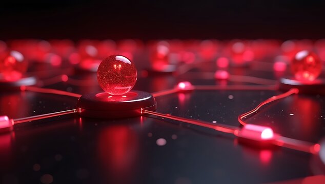 3D render of futuristic energy nodes represented as red spheres connected by white arcs on a glossy black base, representing data flow or neural activity.
