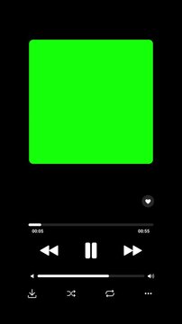 60 seconds music player UI animation with a black background and a smooth progress bar. The interface features a green screen thumbnail frame, simulating a media playback screen.
