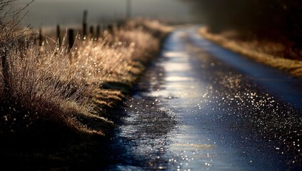 Country road, frost, sunlight