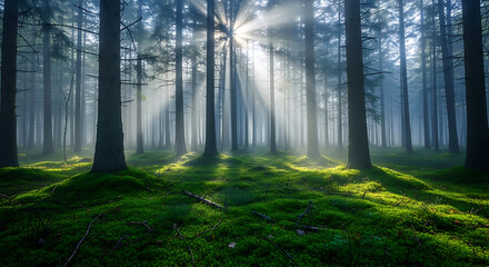 Fototapeta premium Ethereal sunbeams illuminate a misty evergreen forest, a tranquil and magical scene showcasing the beauty of NATURE.