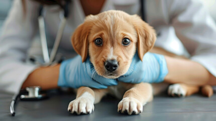Sad puppy wearing a blue medical bandage at the vet