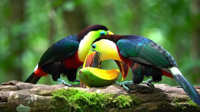 Two colorful toucans feeding on fruit in a natural setting