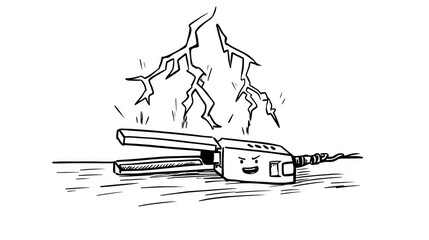 Naklejka premium Cartoon hair straightener zapped by lightning