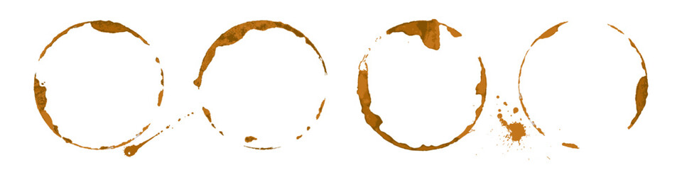Coffee cup stains set. Brown circular coffee rings and splashes on white background. Realistic beverage marks collection for design, cafe menu decoration. Vector illustration.