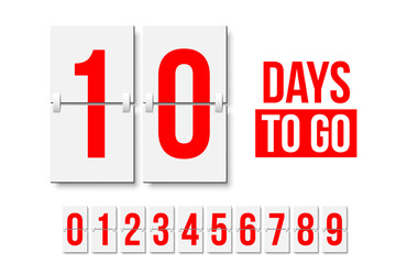 Countdown days to go poster. Count time display with all numbers from zero to nine. Sales or promotion clock. Realistic vector illustration isolated on white.